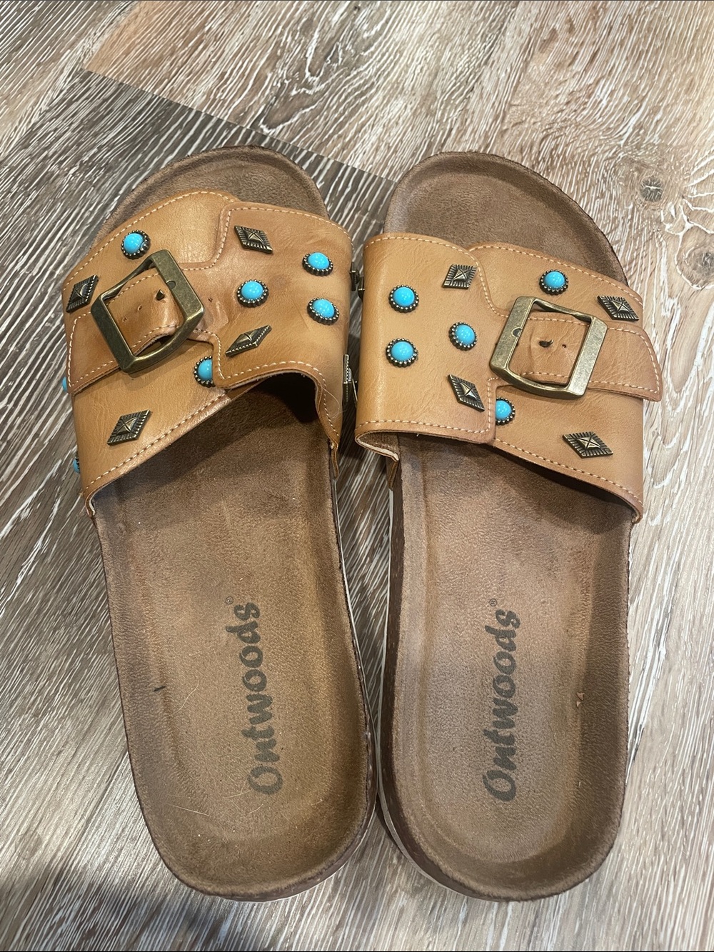 Oakwoods Tan Leather Slide Sandals with Turquoise Studs